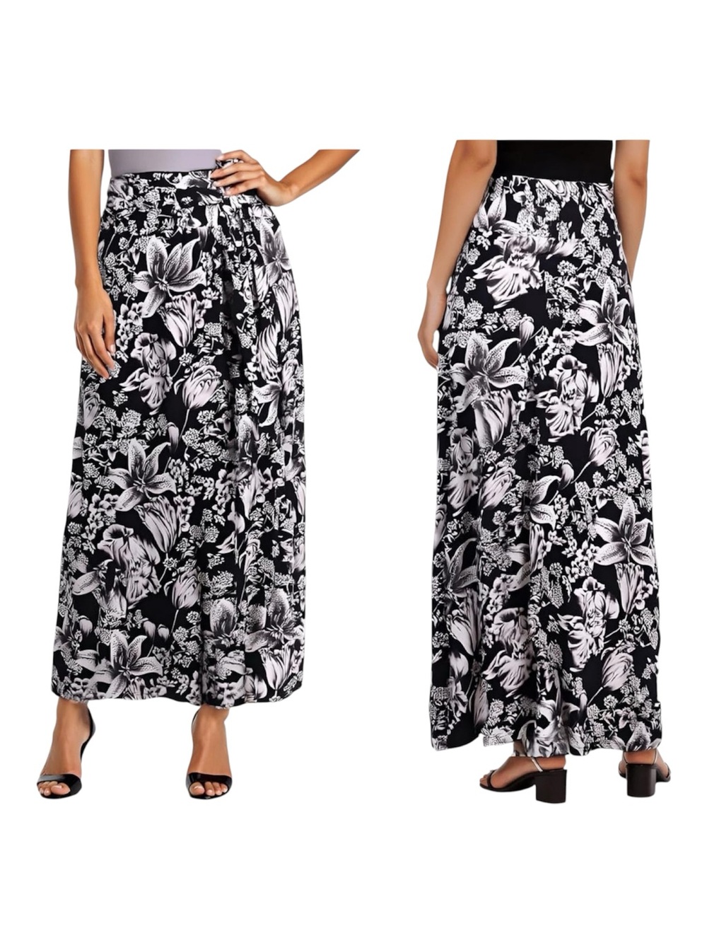 NWOT NY Collection Sash Waist Black and White Floral Maxi Skirt